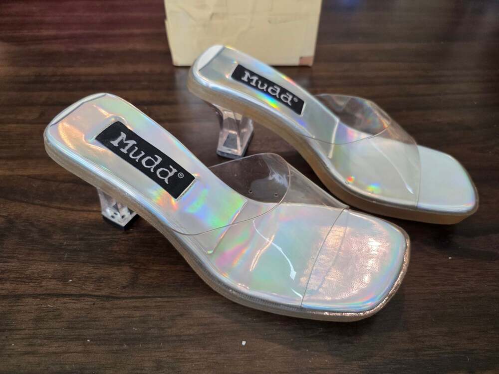 Vintage Mudd Iridescent Holographic Clear Strap Chunky Heel Mules Sandals Sz 9M - Picture 2 of 6